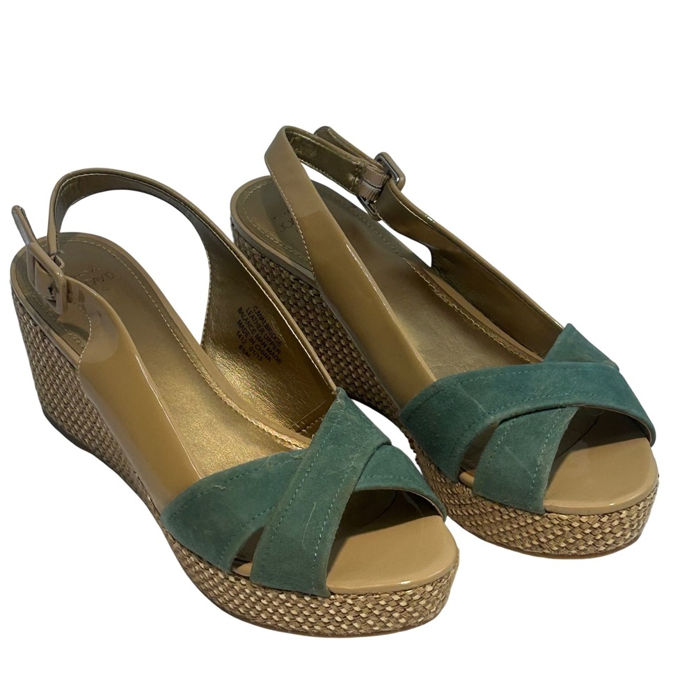Circa Joan & David Walbridge Wedge Sandals Teal Suede Tan Patent Nude 8.5M